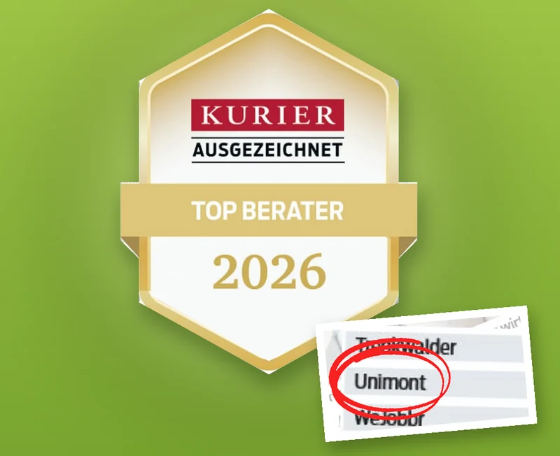 KURIER ausgezeichnet – Top Berater 2026, UNIMONT in der Liste rot eingekreist