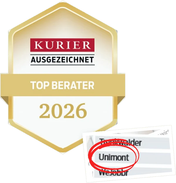 KURIER ausgezeichnet – Top Berater 2026, UNIMONT in der Liste rot markiert